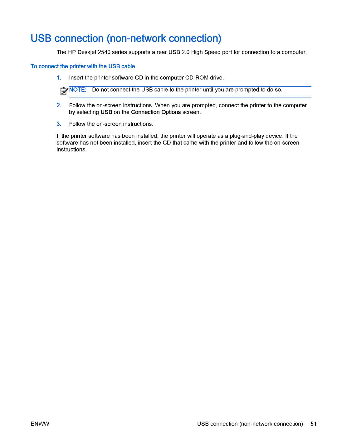 HP 2540 A9U22A#B1H manual USB connection non-network connection, To connect the printer with the USB cable 