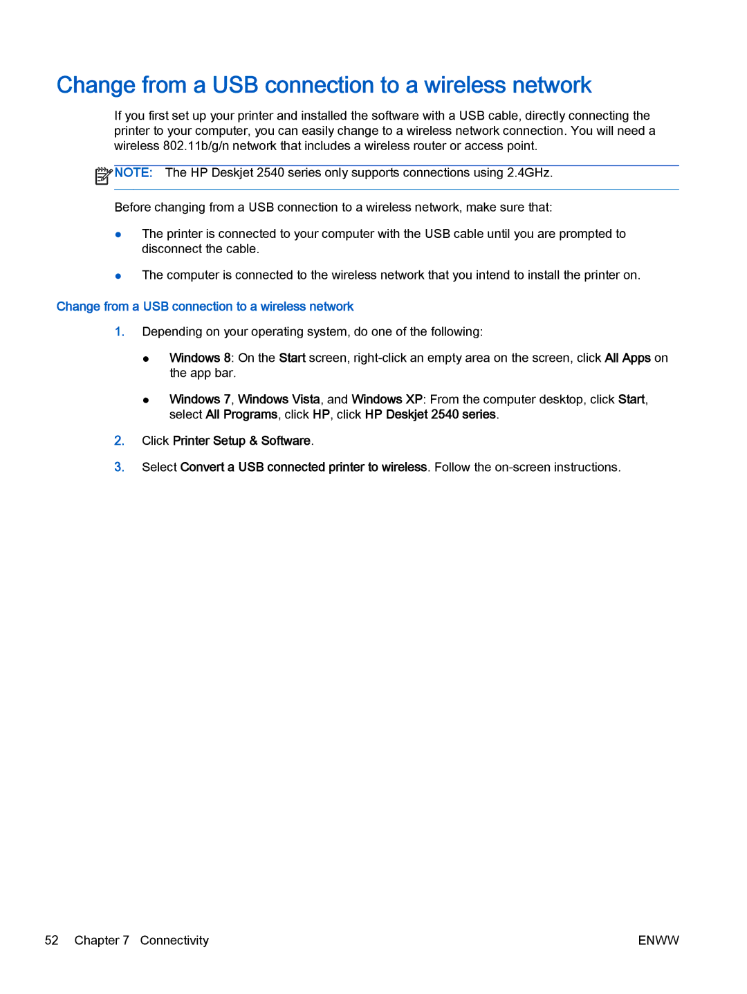 HP 2540 A9U22A#B1H manual Change from a USB connection to a wireless network 