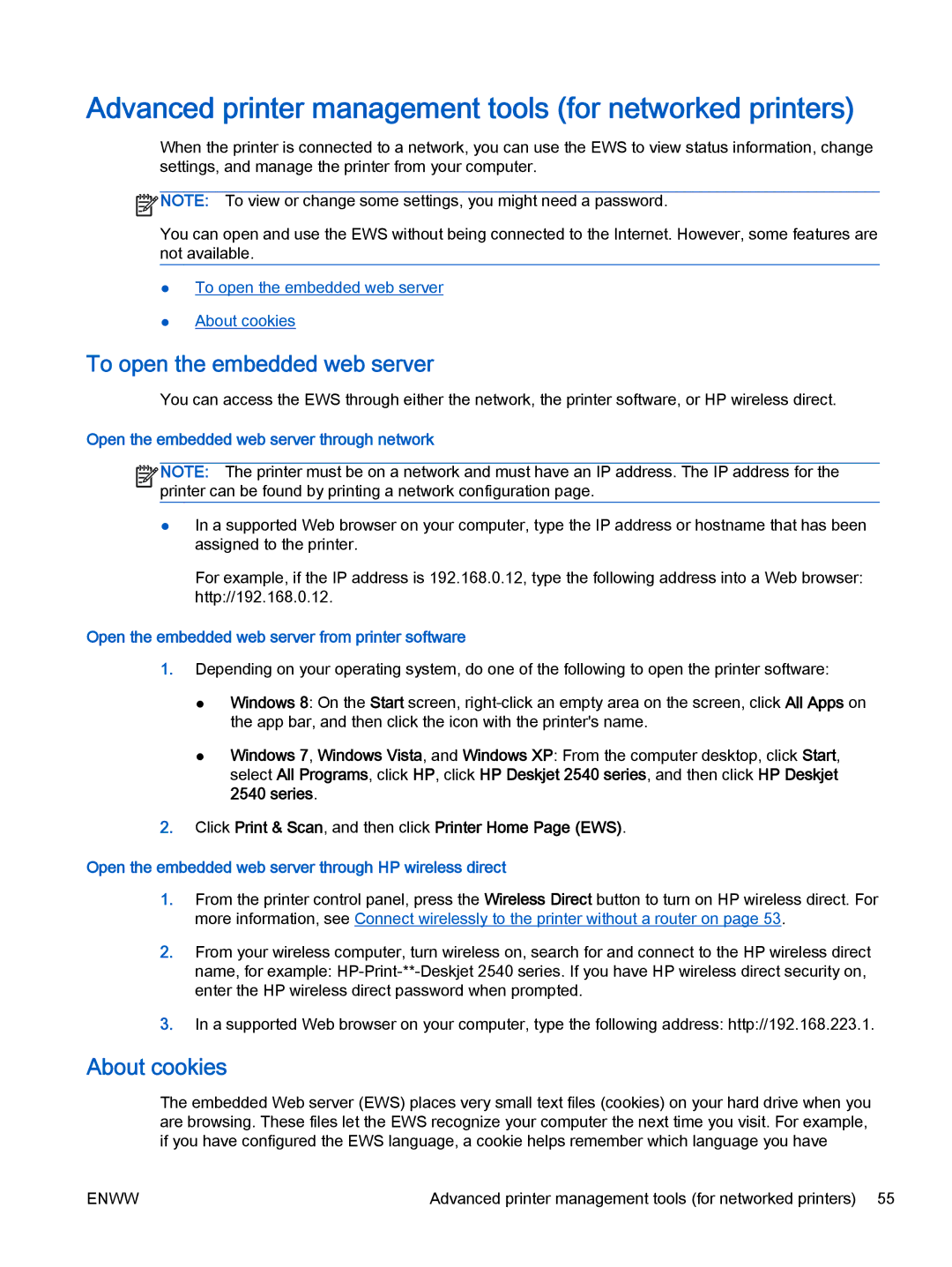 HP 2540 A9U22A#B1H manual Advanced printer management tools for networked printers, To open the embedded web server 