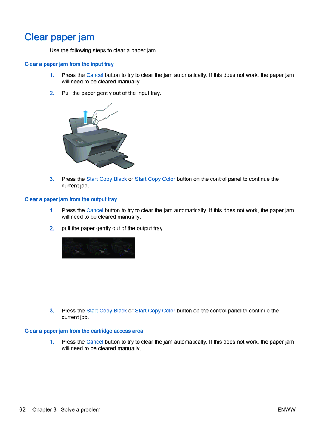 HP 2540 A9U22A#B1H manual Clear paper jam, Clear a paper jam from the input tray, Clear a paper jam from the output tray 