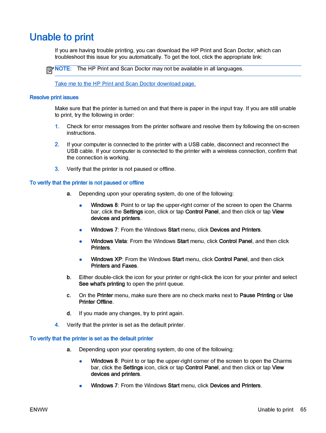 HP 2540 A9U22A#B1H manual Unable to print, Resolve print issues, To verify that the printer is not paused or offline 