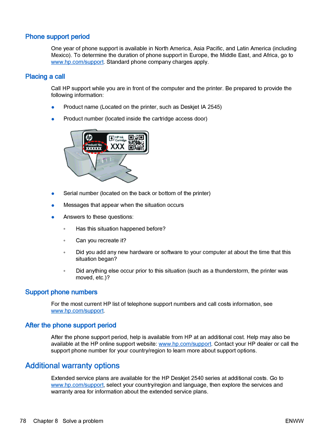 HP 2540 A9U22A#B1H manual Additional warranty options, Phone support period Placing a call 