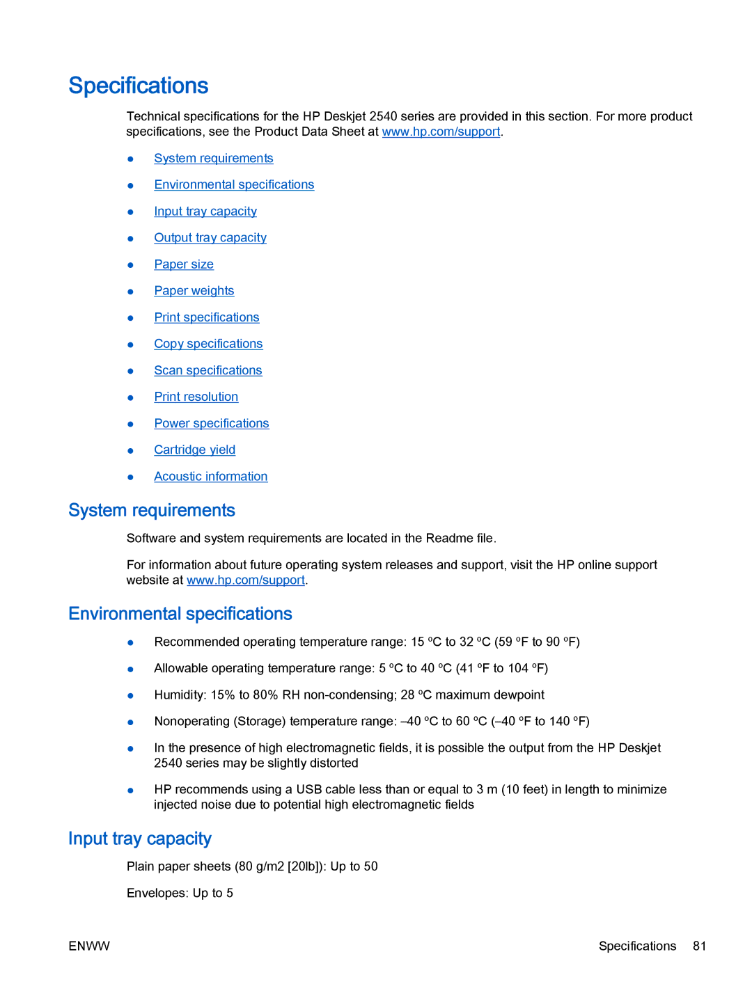 HP 2540 A9U22A#B1H manual Specifications, System requirements, Environmental specifications, Input tray capacity 
