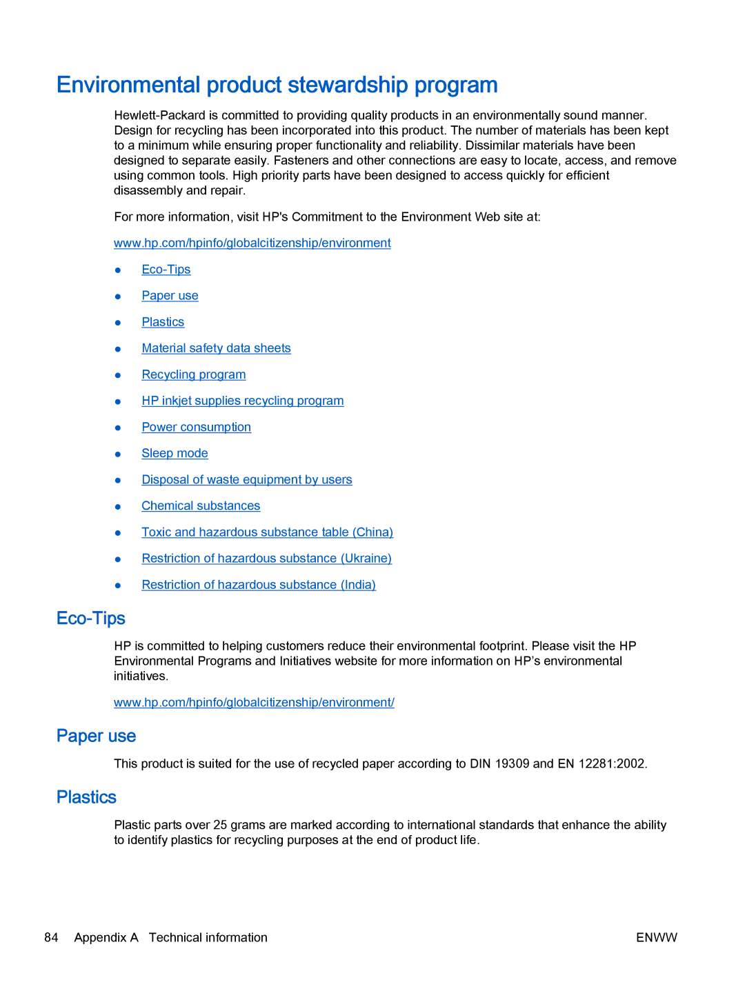 HP 2540 A9U22A#B1H manual Environmental product stewardship program, Eco-Tips, Paper use, Plastics 