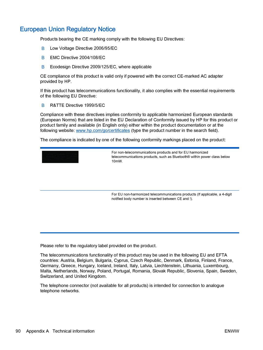 HP 2540 A9U22A#B1H manual European Union Regulatory Notice 