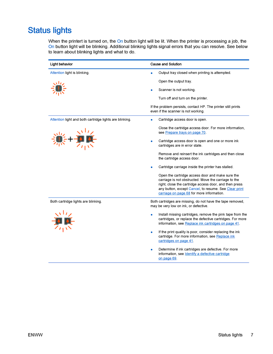 HP 2540 manual Status lights, Light behavior Cause and Solution 