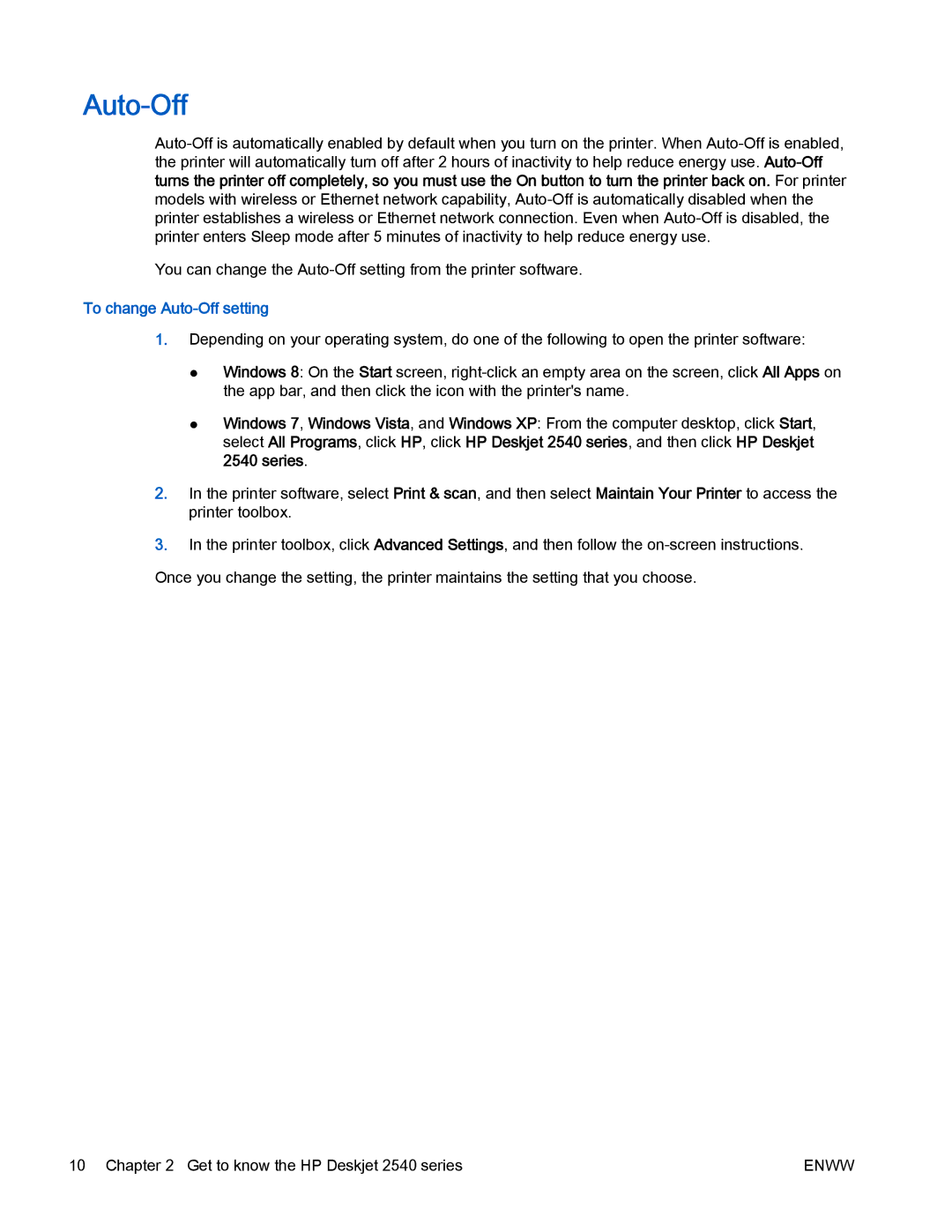 HP 2540 manual To change Auto-Off setting 