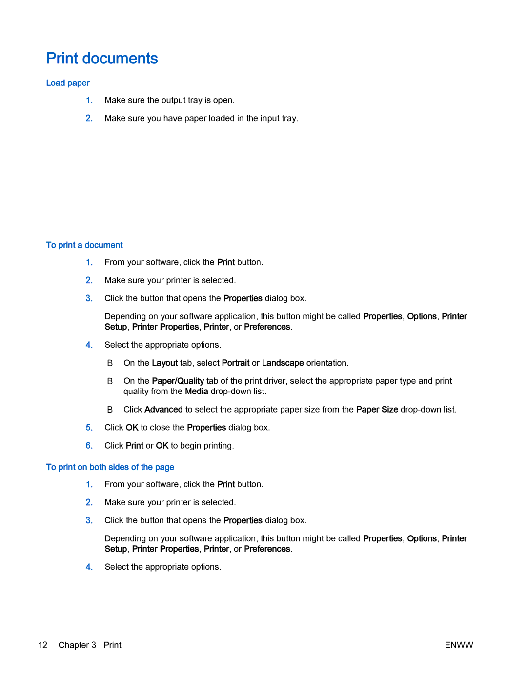 HP 2540 manual Print documents, Load paper, To print a document, To print on both sides 