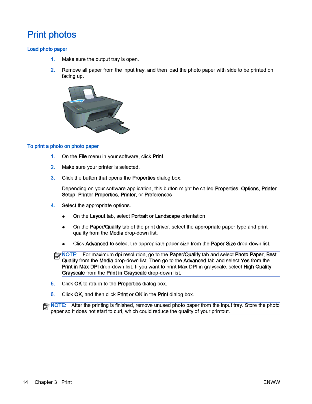 HP 2540 manual Print photos, Load photo paper, To print a photo on photo paper 