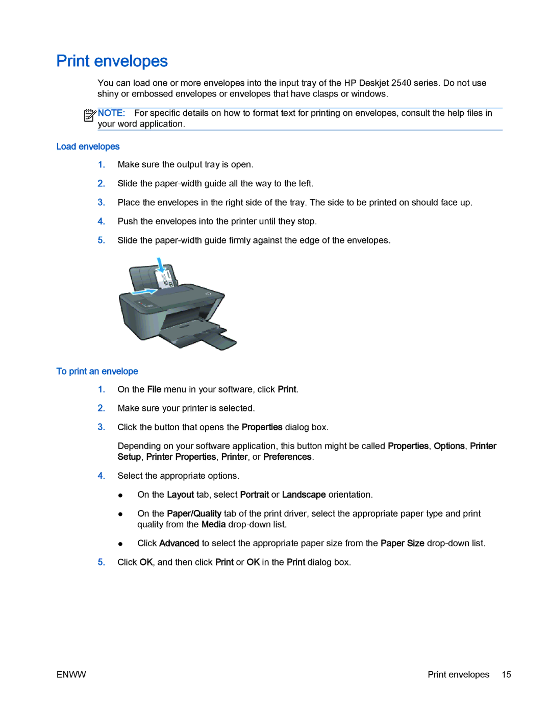 HP 2540 manual Print envelopes, Load envelopes, To print an envelope 