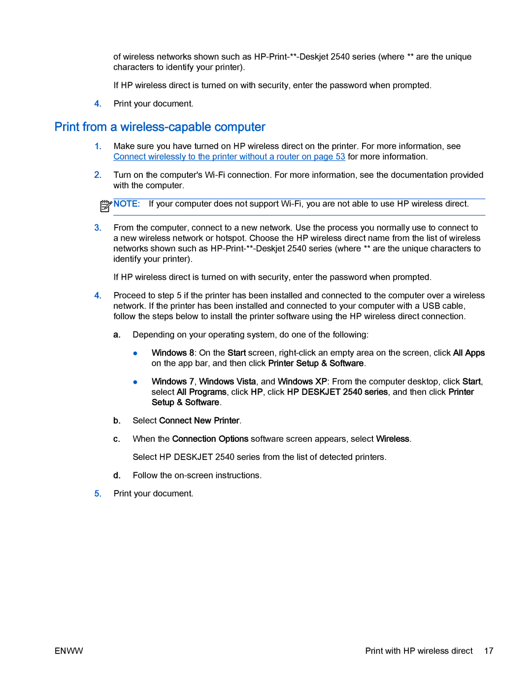 HP 2540 manual Print from a wireless-capable computer, Select Connect New Printer 