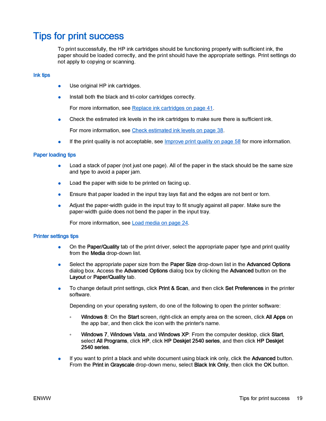 HP 2540 manual Tips for print success, Ink tips, Paper loading tips, Printer settings tips 