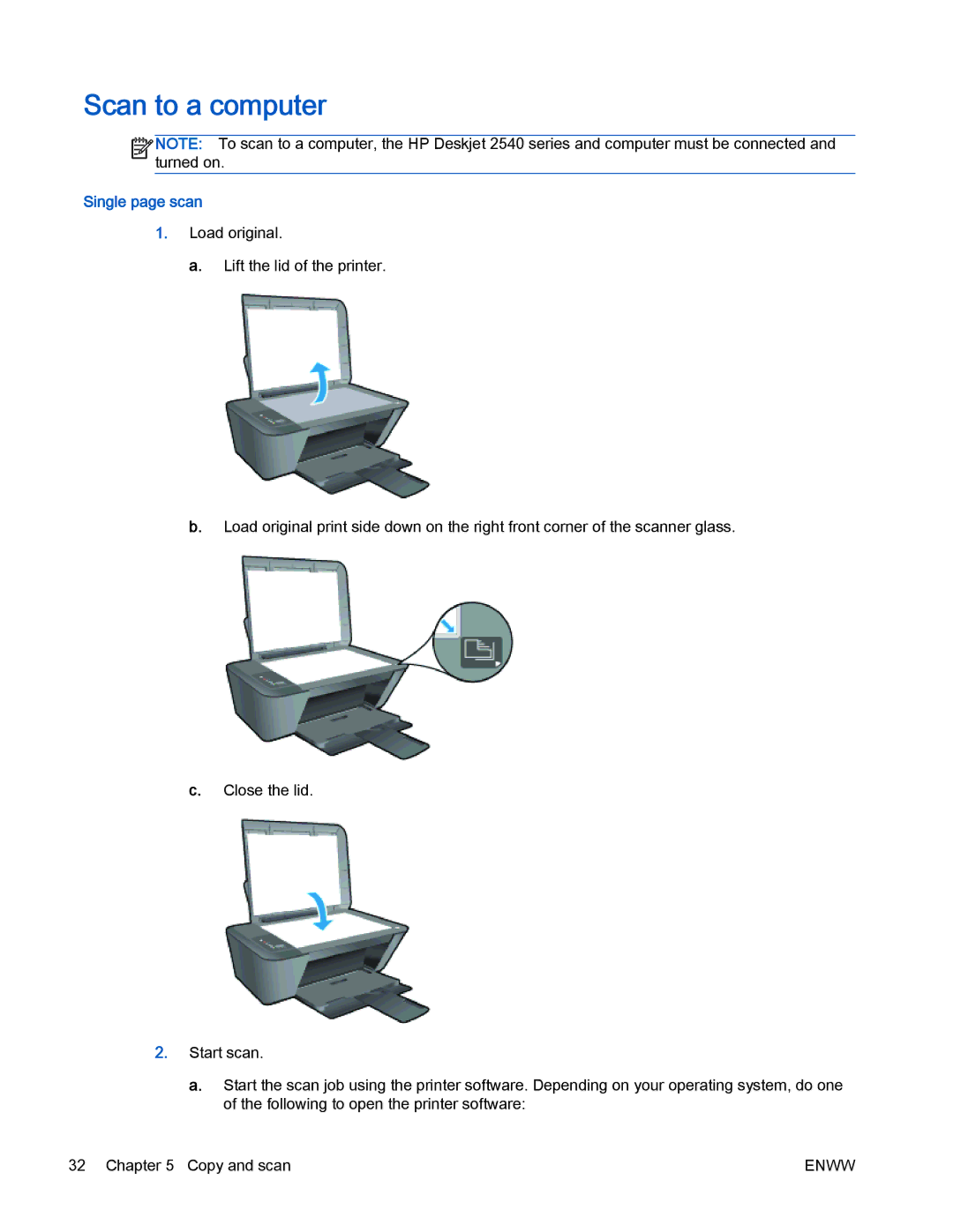 HP 2540 manual Scan to a computer, Single page scan 