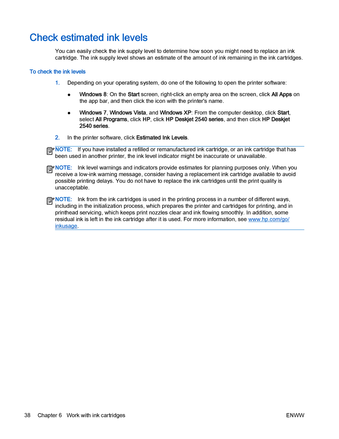 HP 2540 manual Check estimated ink levels, To check the ink levels 