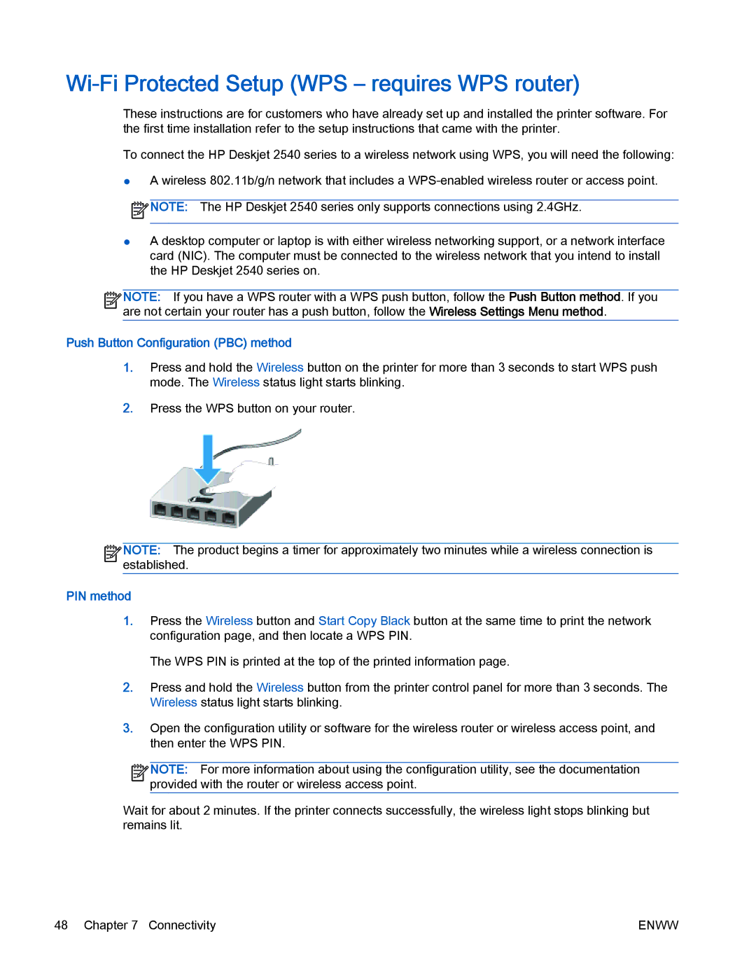 HP 2540 manual Wi-Fi Protected Setup WPS requires WPS router, Push Button Configuration PBC method, PIN method 