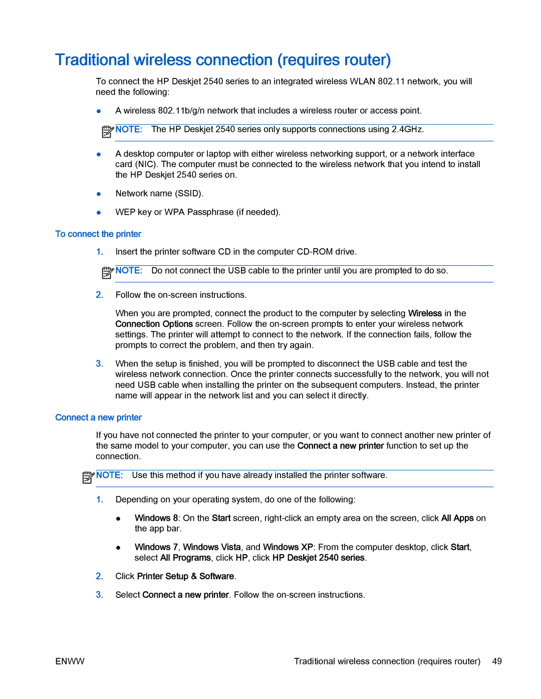 HP 2540 manual Traditional wireless connection requires router, To connect the printer, Connect a new printer 