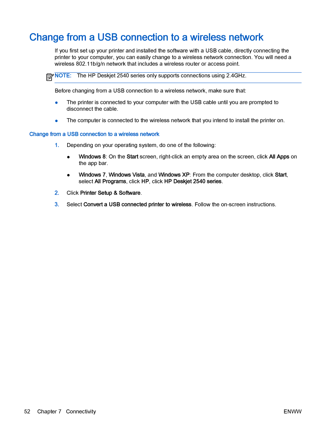 HP 2540 manual Change from a USB connection to a wireless network 