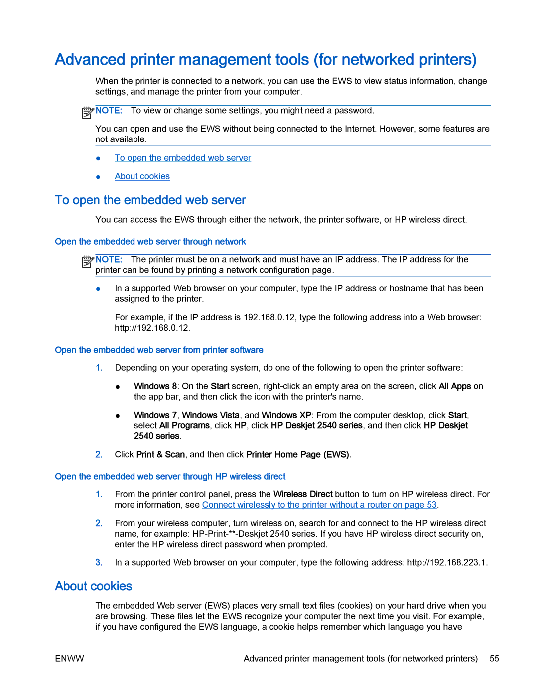 HP 2540 manual Advanced printer management tools for networked printers, To open the embedded web server, About cookies 