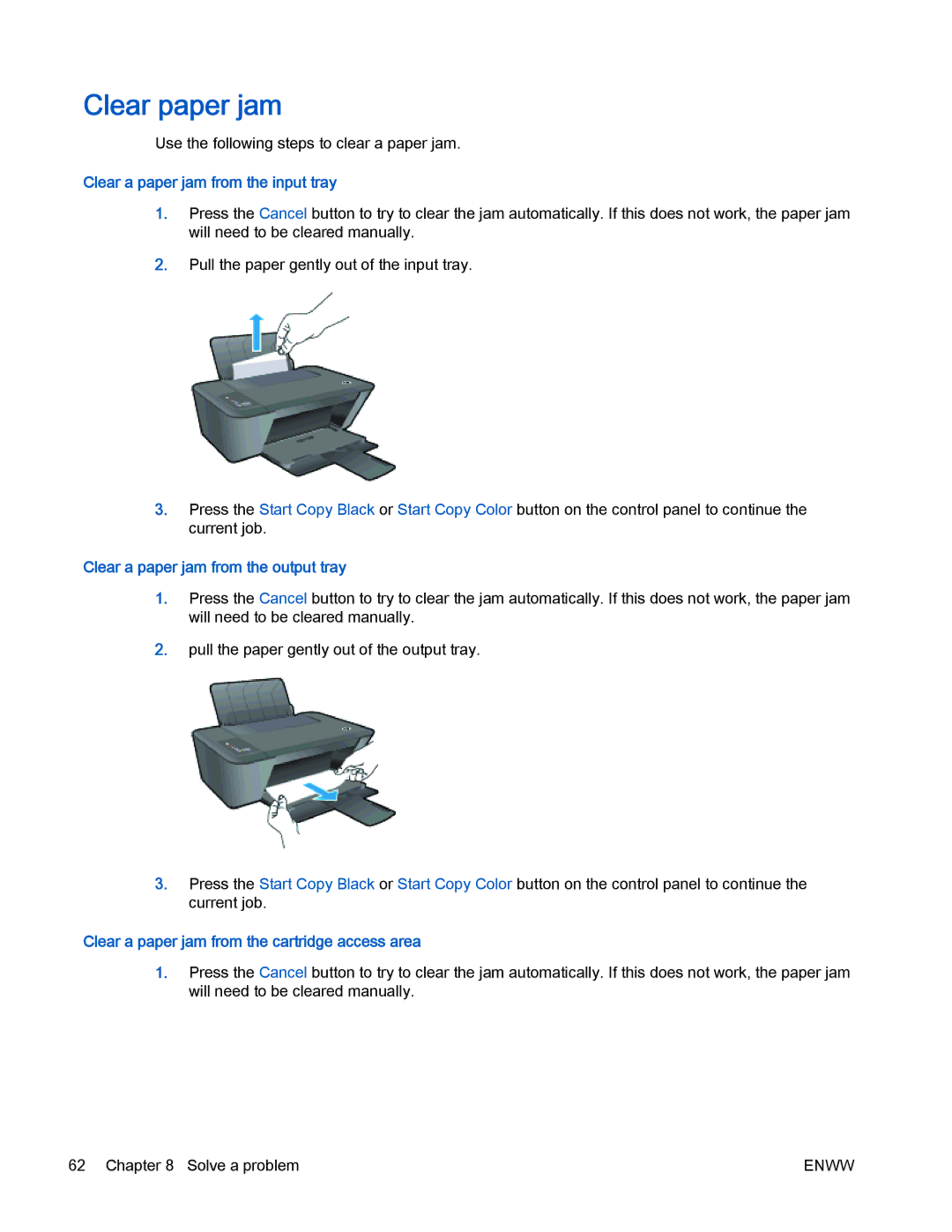 HP 2540 manual Clear paper jam, Clear a paper jam from the input tray, Clear a paper jam from the output tray 