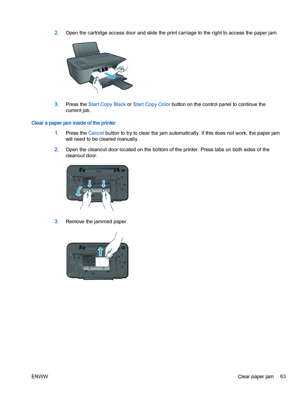 HP 2540 manual Clear a paper jam inside of the printer 