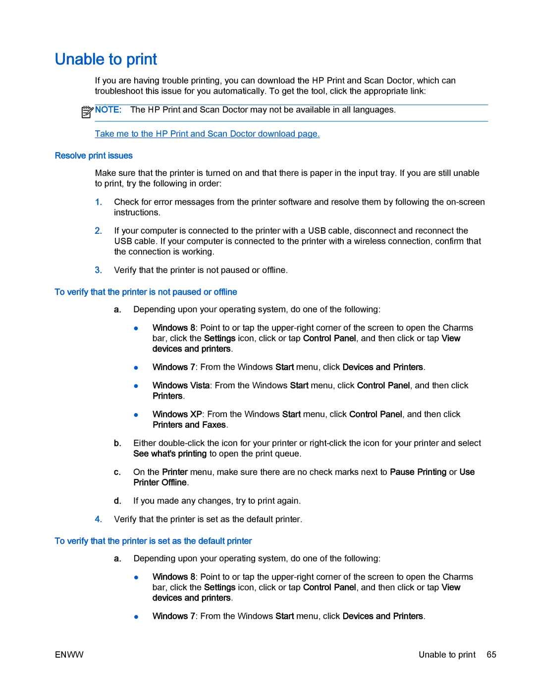 HP 2540 manual Unable to print, Resolve print issues, To verify that the printer is not paused or offline 