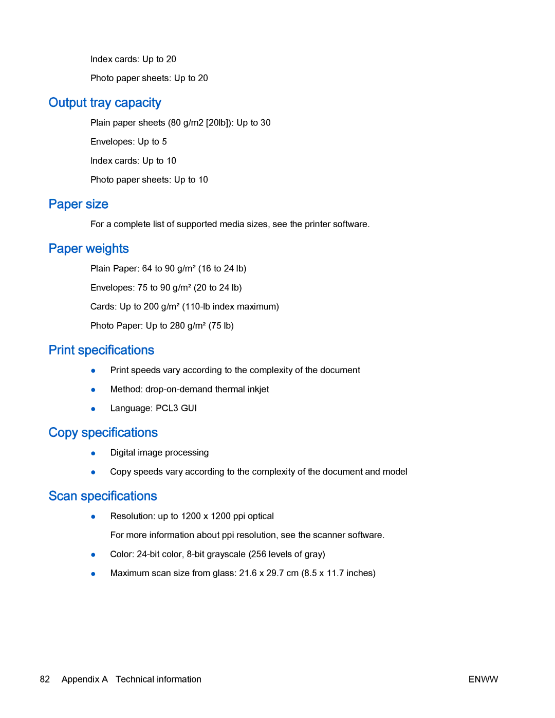 HP 2540 Output tray capacity, Paper size, Paper weights, Print specifications, Copy specifications, Scan specifications 