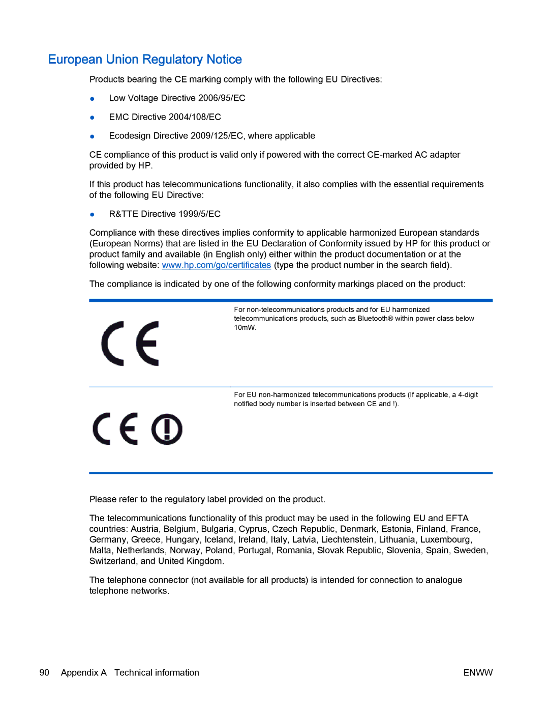 HP 2540 manual European Union Regulatory Notice 