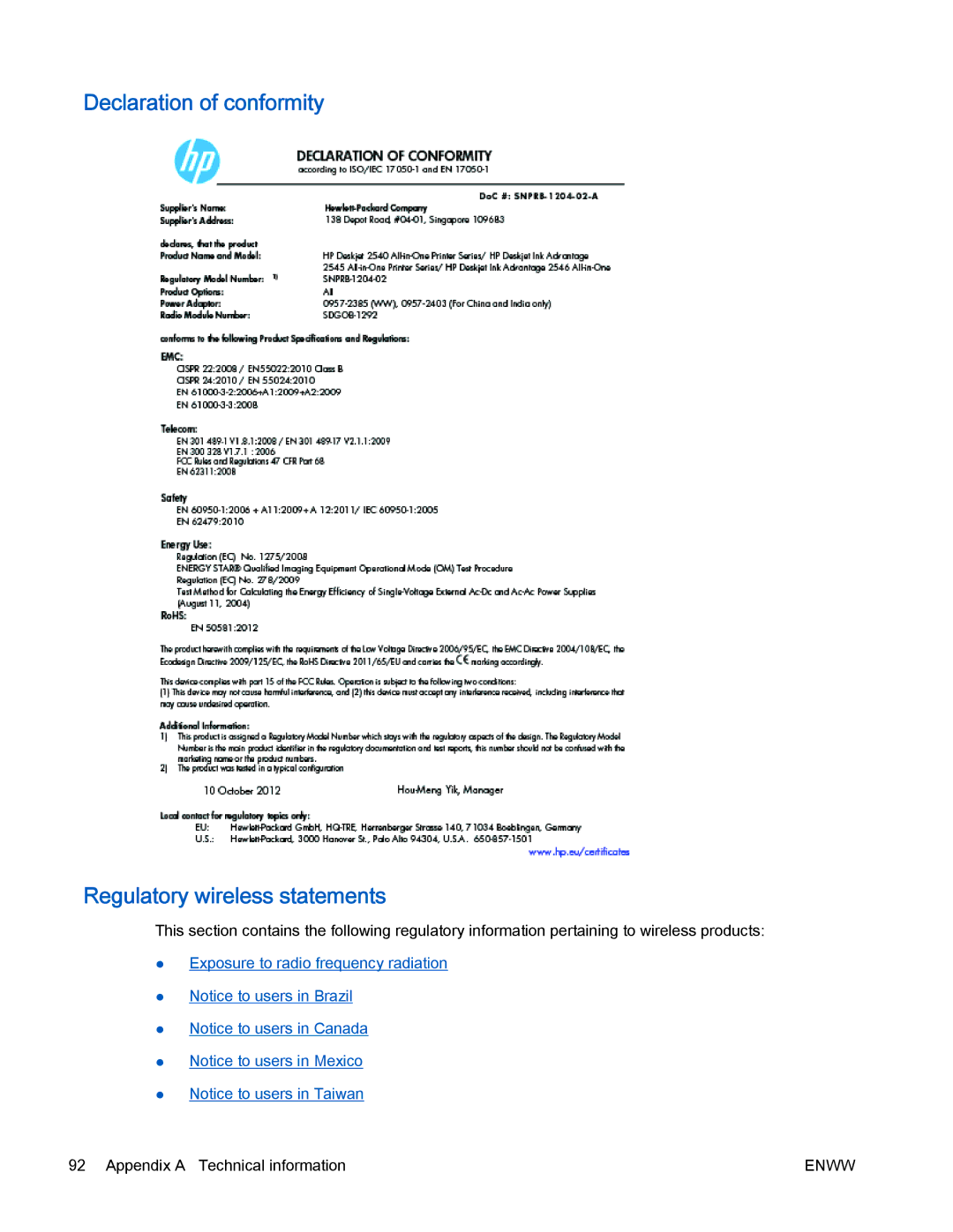 HP 2540 manual Declaration of conformity Regulatory wireless statements 