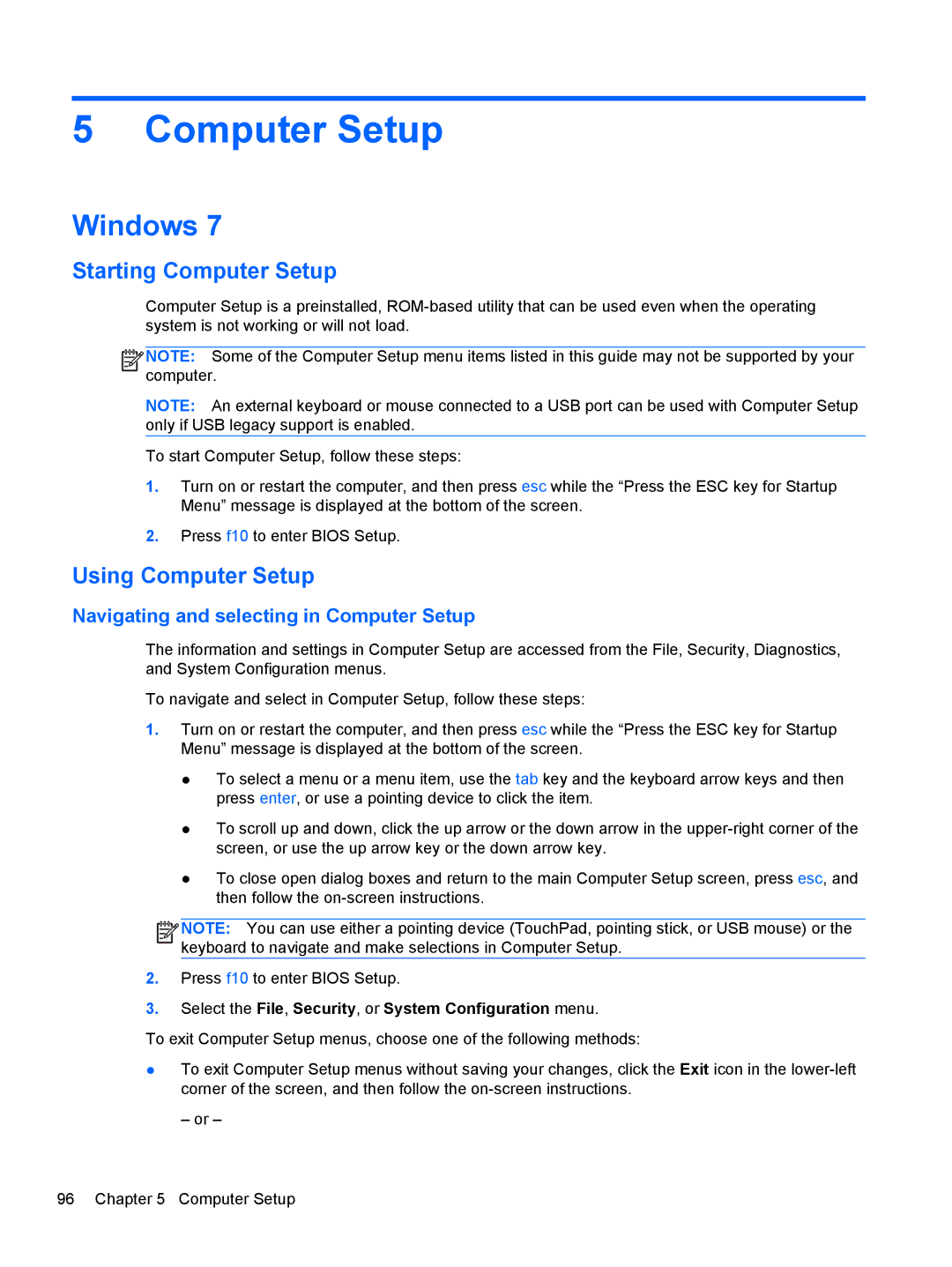 HP 2540p WZ226UT#ABA manual Windows, Starting Computer Setup, Using Computer Setup 