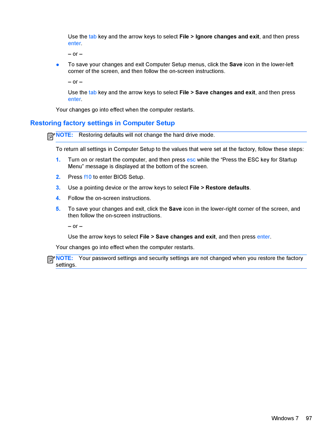 HP 2540p WZ226UT#ABA manual Restoring factory settings in Computer Setup 