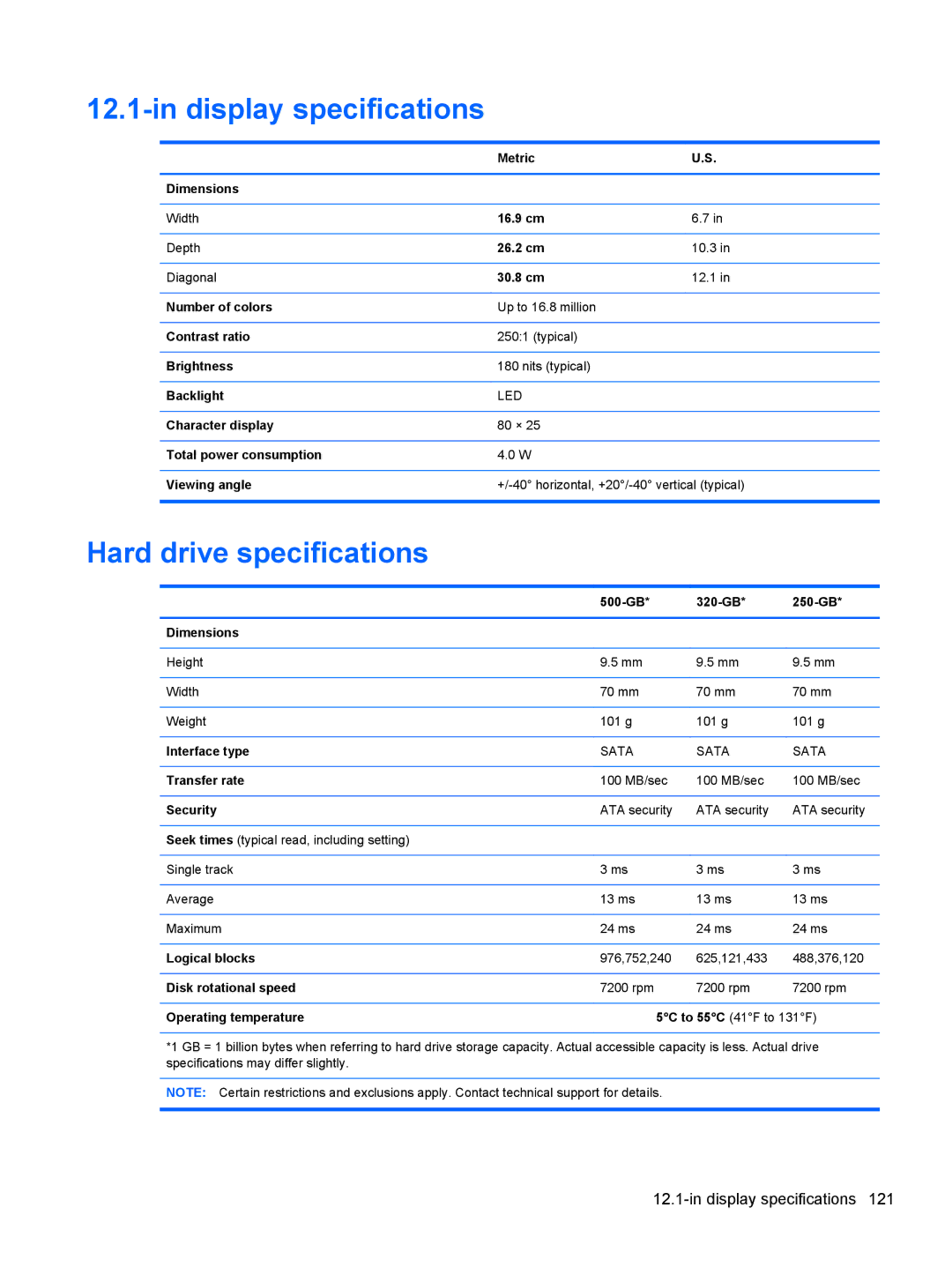 HP 2540p WZ226UT#ABA manual Display specifications, Hard drive specifications 