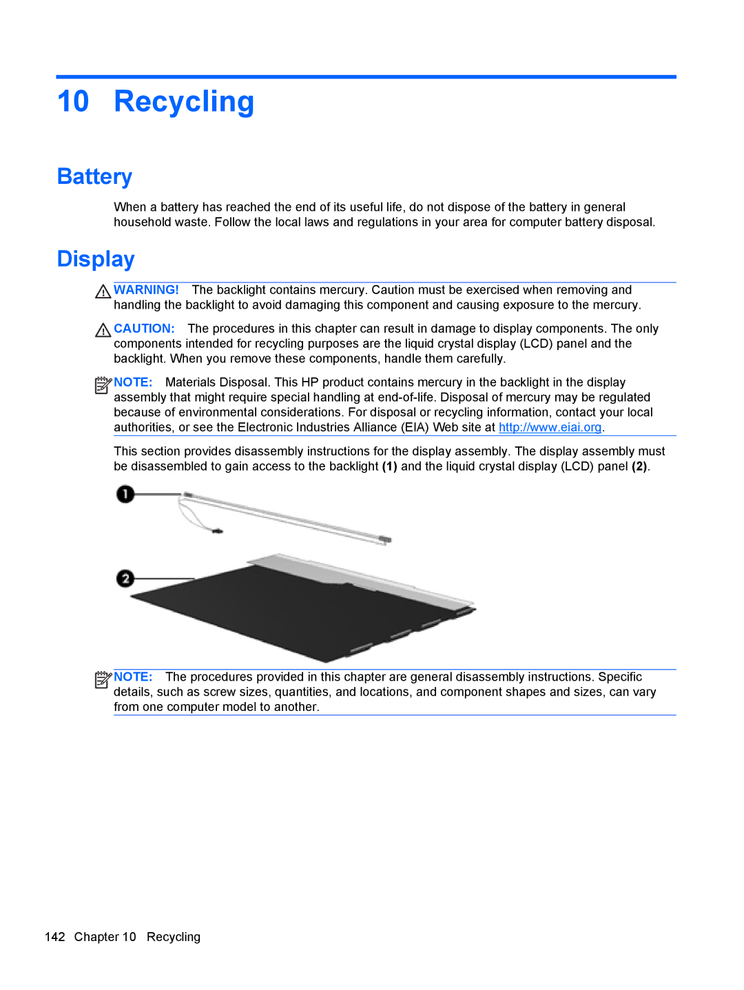 HP 2540p WZ226UT#ABA manual Recycling, Battery, Display 