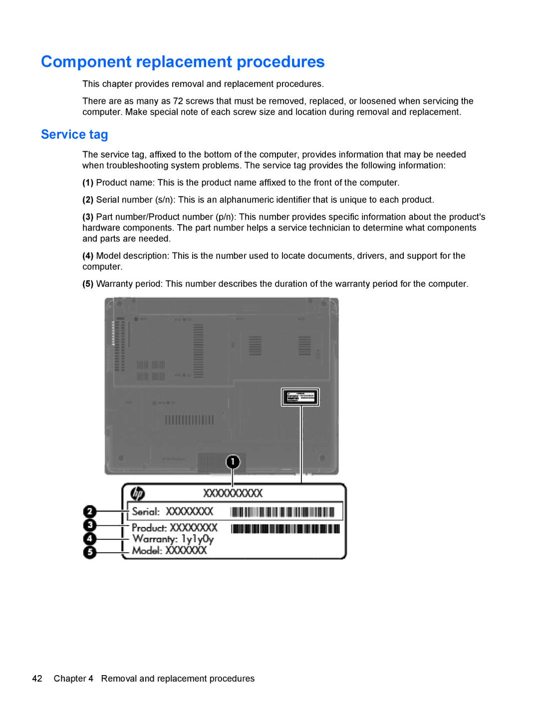 HP 2540p WZ226UT#ABA manual Component replacement procedures, Service tag 