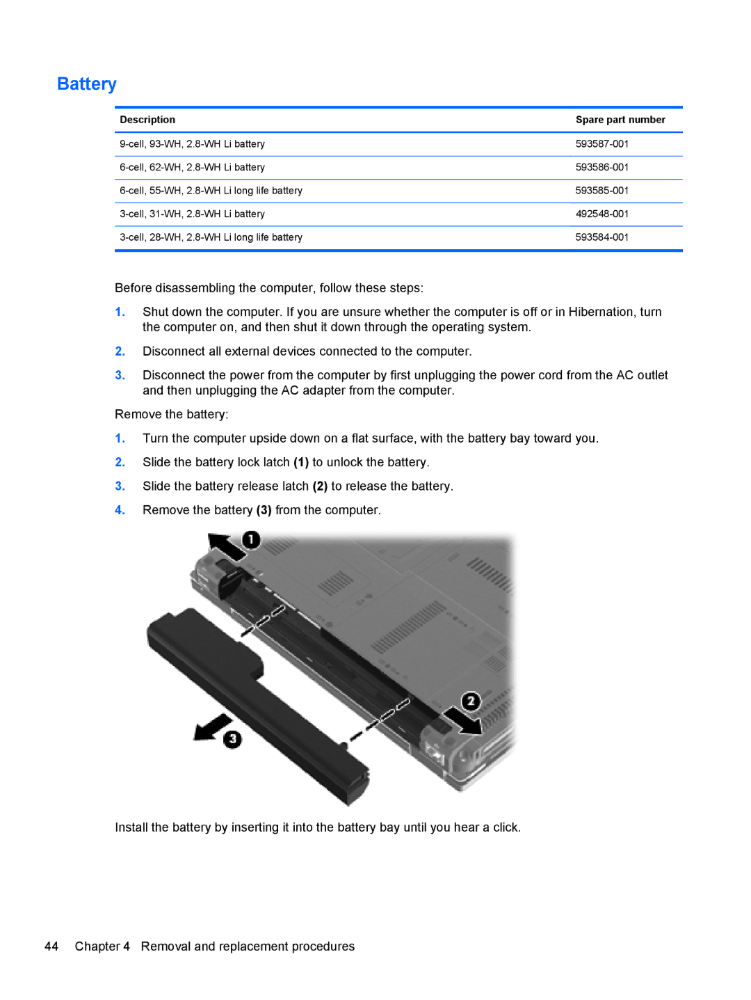 HP 2540p WZ226UT#ABA manual Battery, Description Spare part number 