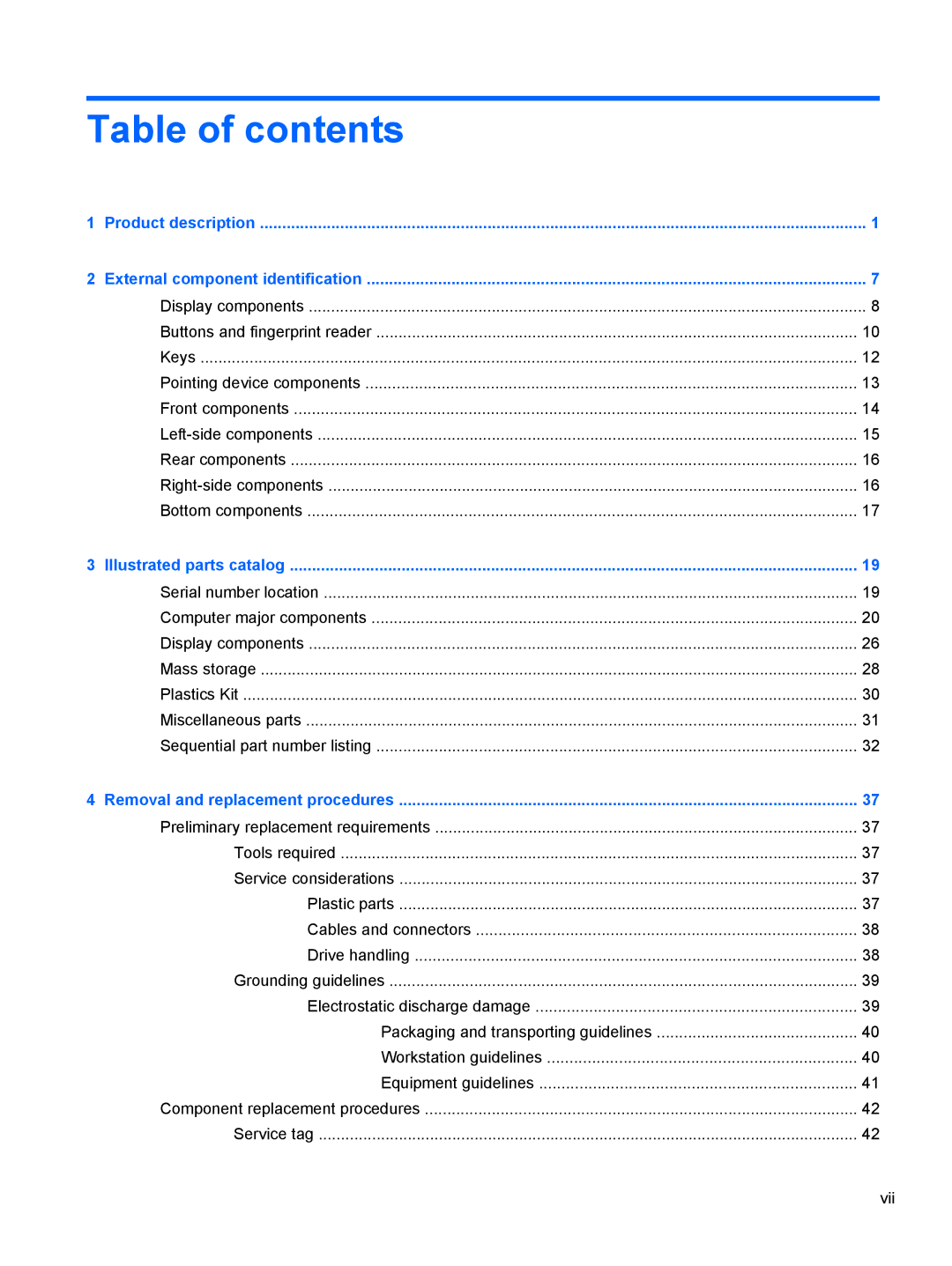 HP 2540p WZ226UT#ABA manual Table of contents 