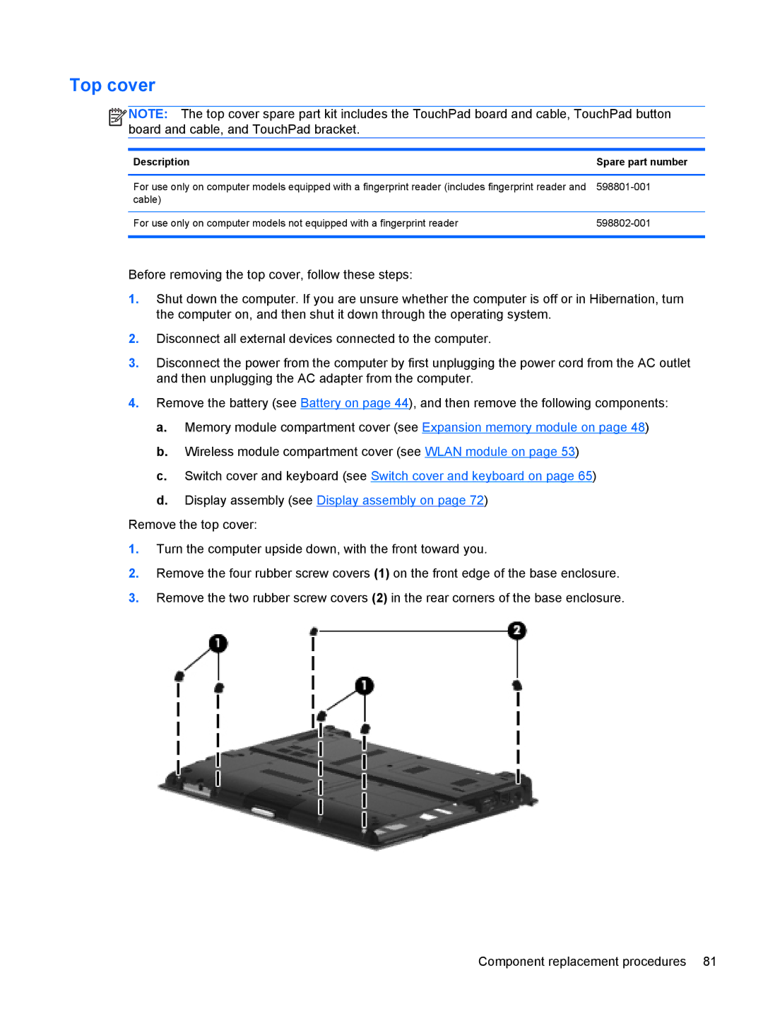 HP 2540p WZ226UT#ABA manual Top cover, Description Spare part number 