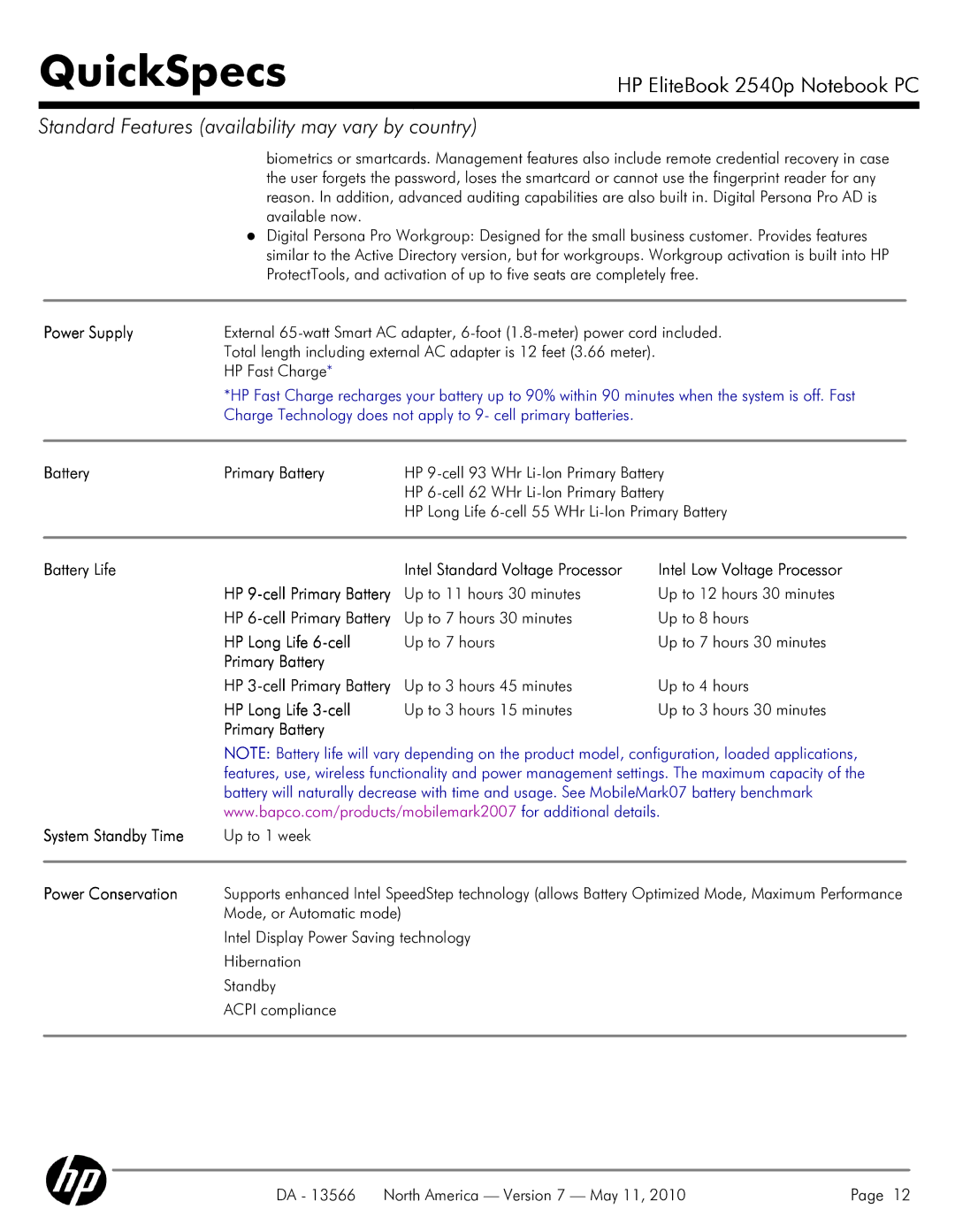 HP 2540P manual QuickSpecs 