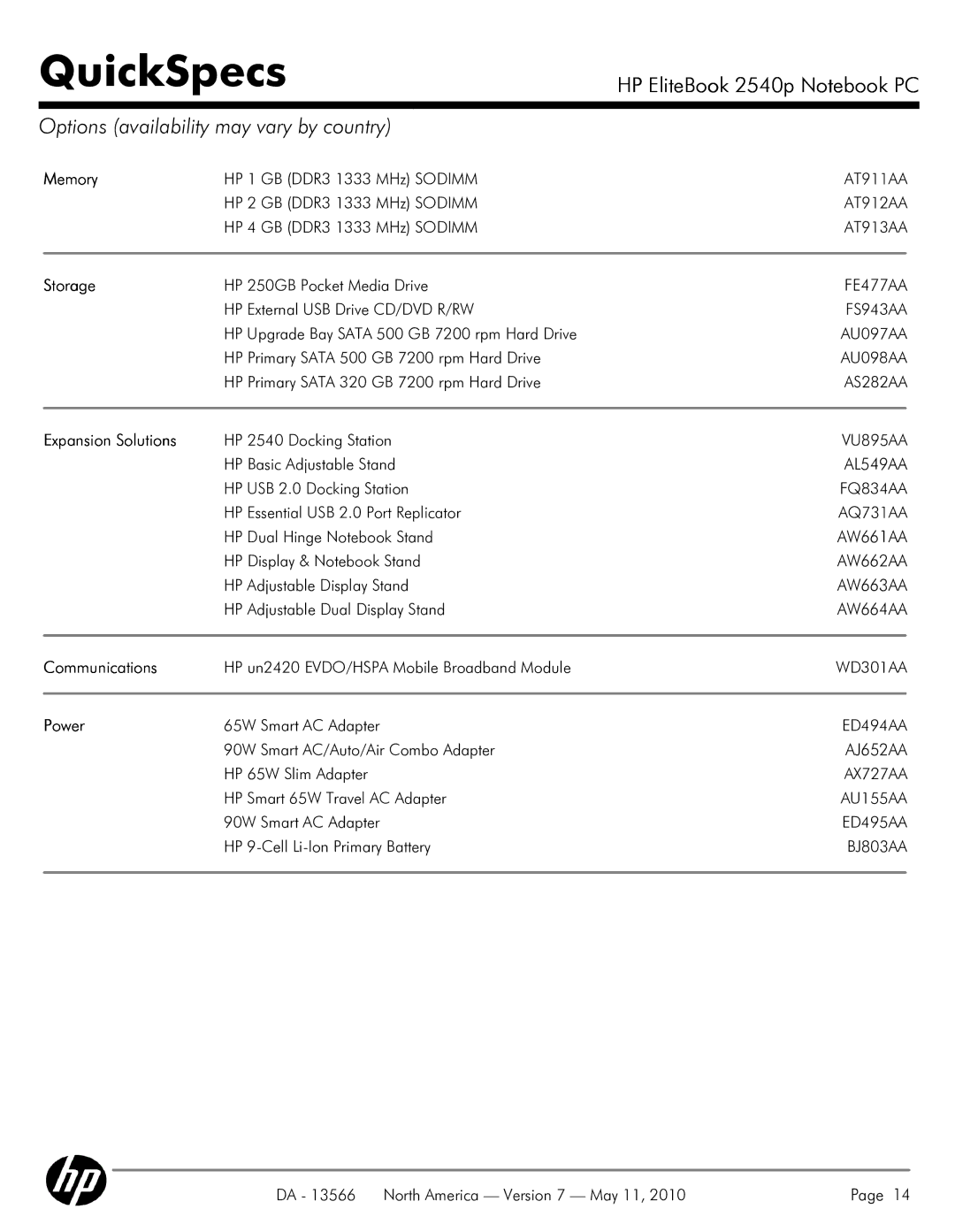 HP 2540P manual Memory, Storage, Expansion Solutions, Power 