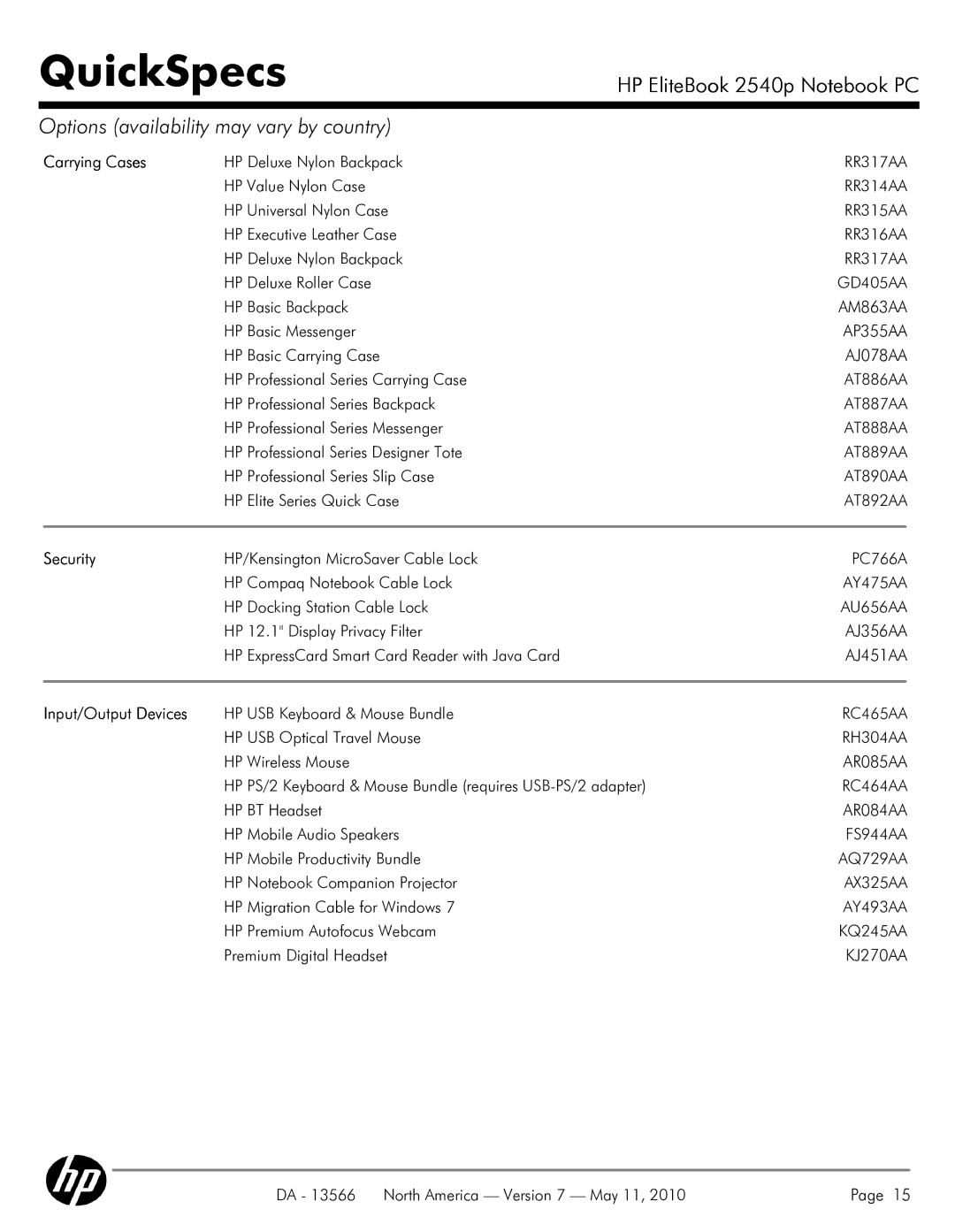 HP 2540P manual Carrying Cases, Security, Input/Output Devices 