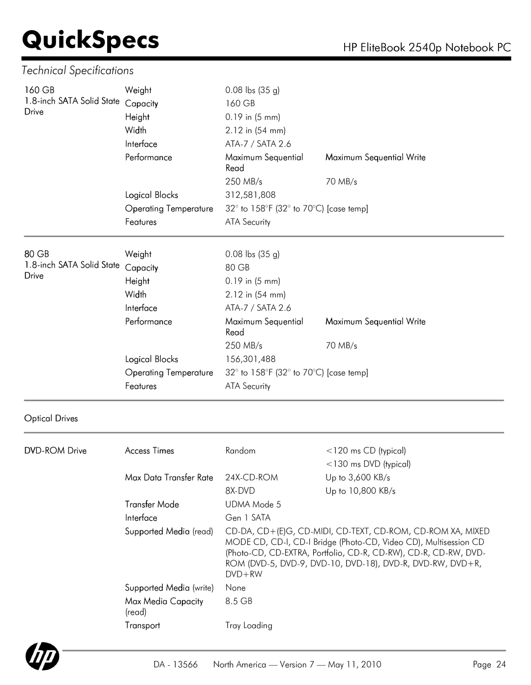 HP 2540P GB Weight, Drive Height, Optical Drives DVD-ROM Drive Access Times, Transfer Mode, Max Media Capacity, Transport 