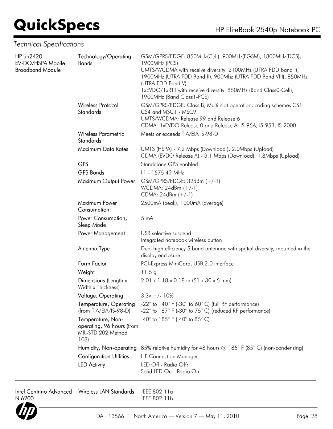 HP 2540P manual HP un2420 Technology/Operating, EV-DO/HSPA Mobile Bands, Broadband Module, Wireless Protocol, Standards 