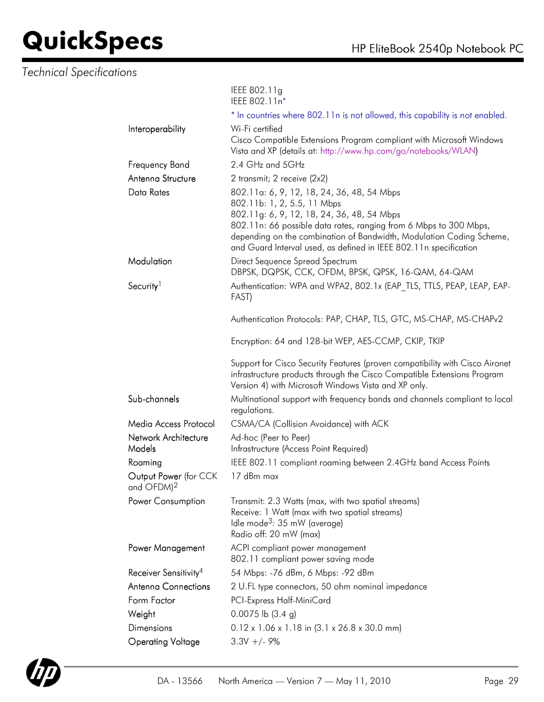 HP 2540P Interoperability, Frequency Band, Antenna Structure, Data Rates, Modulation, Sub-channels, Media Access Protocol 