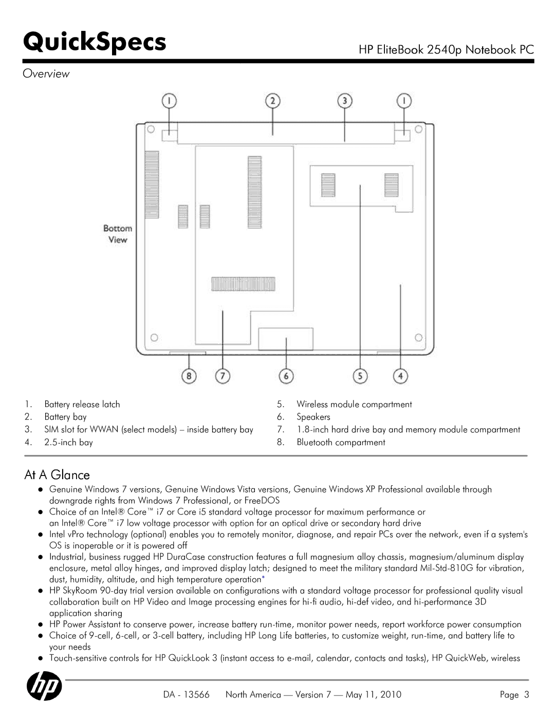 HP 2540P manual At a Glance, Inch bay Bluetooth compartment 