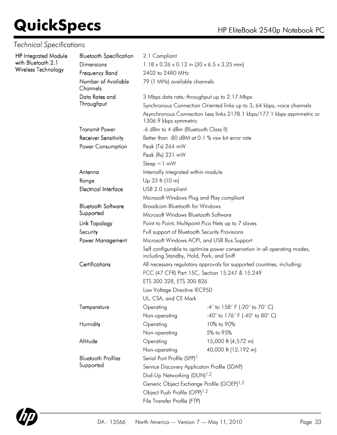 HP 2540P Bluetooth Specification, Number of Available, Channels Data Rates, Throughput, Transmit Power, Antenna, Range 