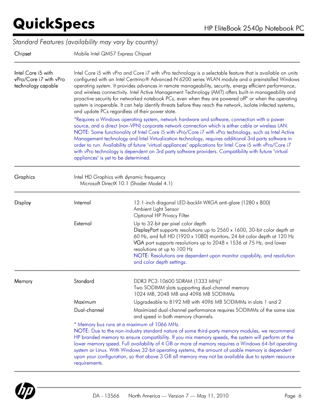 HP 2540P manual Chipset Mobile Intel QM57 Express Chipset, Graphics, Display Internal, External, Memory Standard, Maximum 