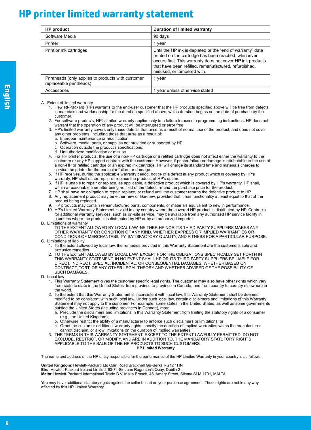 HP 2543, 2542, 2541, 2544 manual HP printer limited warranty statement, HP product Duration of limited warranty 