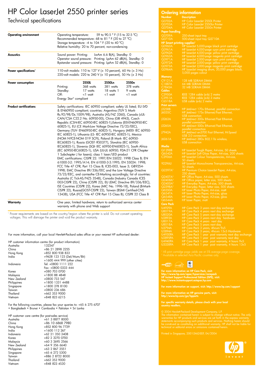 HP 2550 manual Technical specifications 