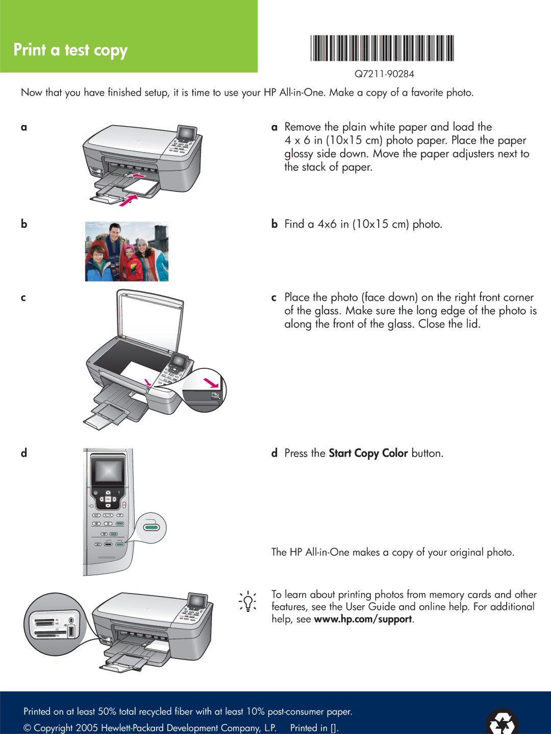 HP 2570 manual Print a test copy, Q7211-90284 