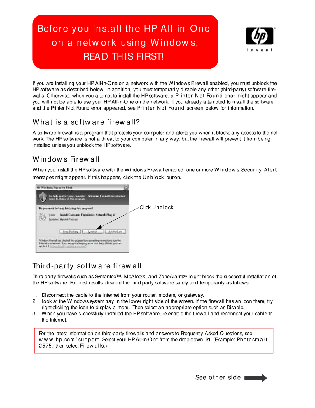 HP 2575v, 2575xi manual Read this First, What is a software firewall?, Windows Firewall, Third-party software firewall 