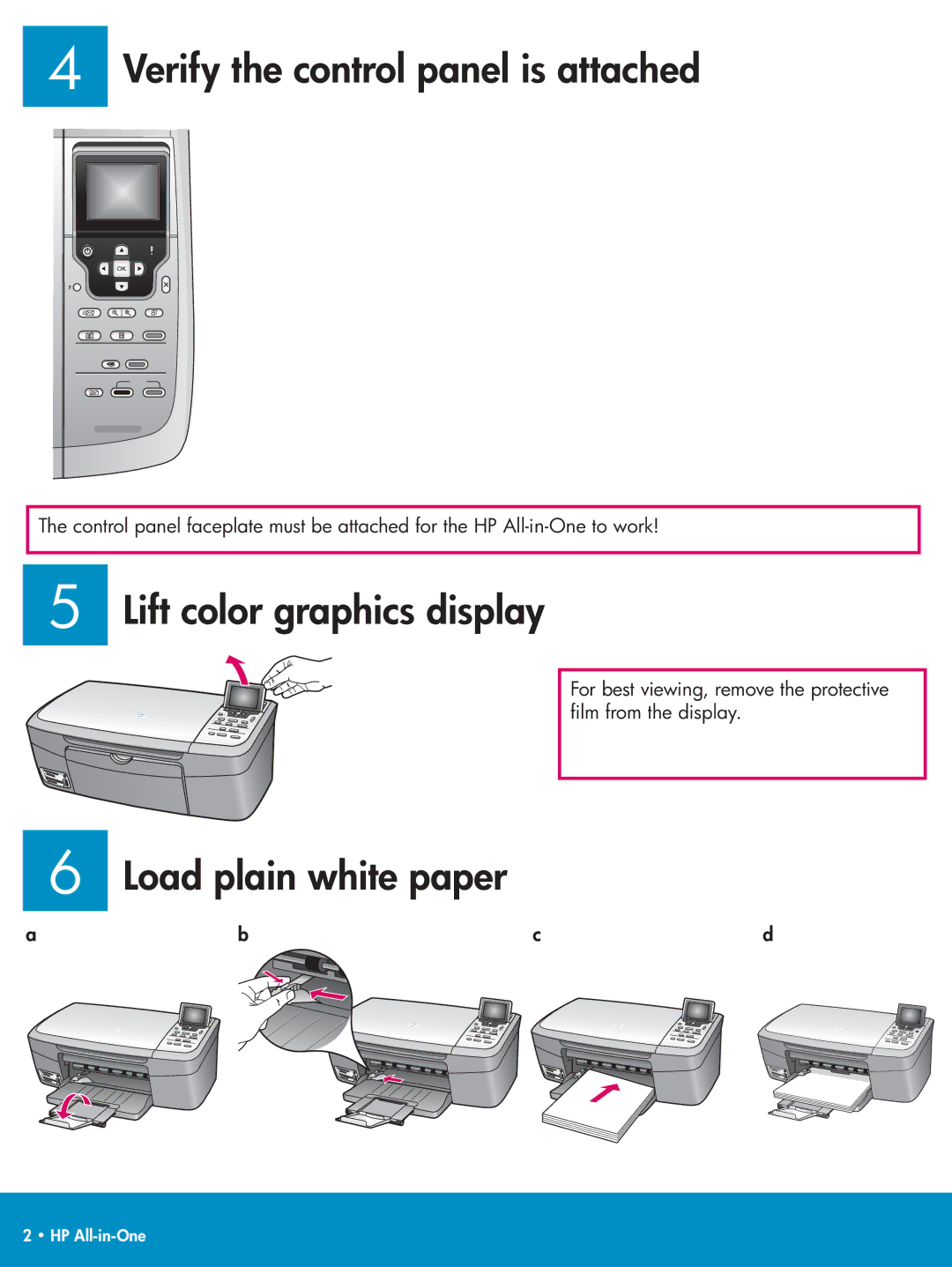 HP 2575xi, 2575v manual Verify the control panel is attached, Lift color graphics display, Load plain white paper 